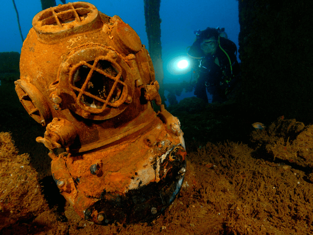 Navy MK V diving helmet on USS Saratoga Bikini Atoll.